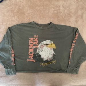 A small, long sleeve American Eagle designed crop-top shirt.